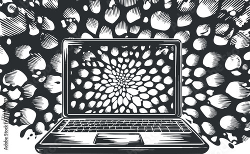 Illustration of a laptop with an abstract pattern emanating from the screen.