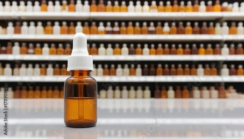Amber glass dropper bottle with white cap on blurred pharmacy shelf background.