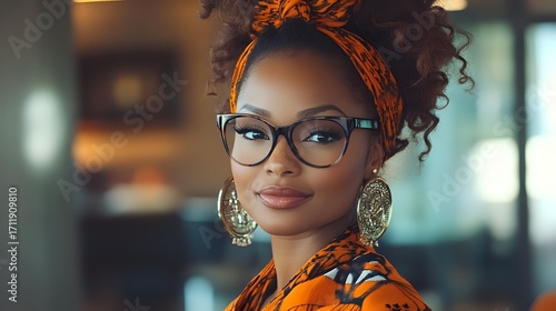 Young African American woman wearing orange headscarf, glasses and statement earrings smiles confidently at camera. Natural curly hair styled in updo. Professional portrait with warm lighting.