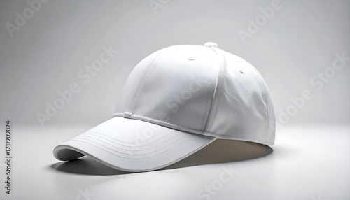 A pristine white baseball cap with a curved brim, presented on a reflective surface.