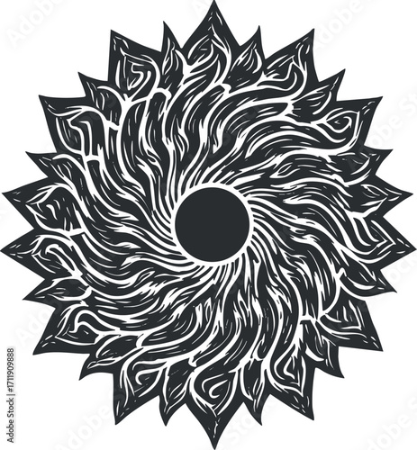 An intricate abstract black and white sun design featuring swirling patterns emanating from a central circle.