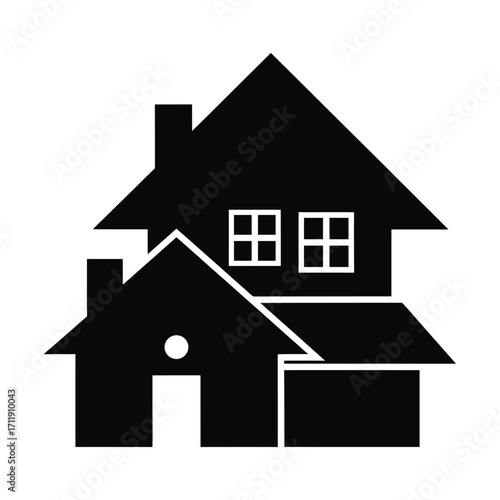 Complex house icon isolated on white background, representing multiple homes, real estate development, or a community of houses in a modern style