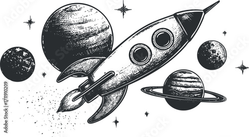A vintage rocket ship soaring through space surrounded by planets and stars in a cosmic scene.