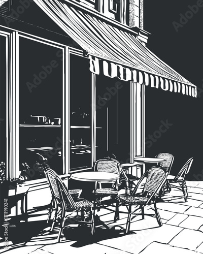 Charming outdoor cafe scene featuring tables and chairs under an awning on a sunny day.