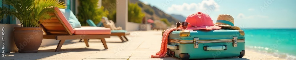 Fototapeta premium A brightly colored suitcase overflowing with summer essentials sits on a sunny patio, ready for a vacation Perfect for travel, holiday, packing, and summer themes , optimism, packing list, clothes