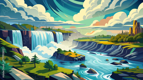 Niagara Falls with massive streams of water crashing down into the river, mist rising high into the air, surrounded by lush greenery and dramatic clouds