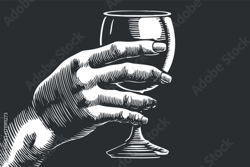 A vintage illustration of a hand holding a glass, symbolizing celebration and enjoyment.