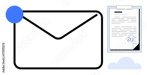 Closed envelope with blue notification, signed document with clipboard and cloud element. Ideal for communication, email, messaging, digital signing, cloud storage, document management, efficiency