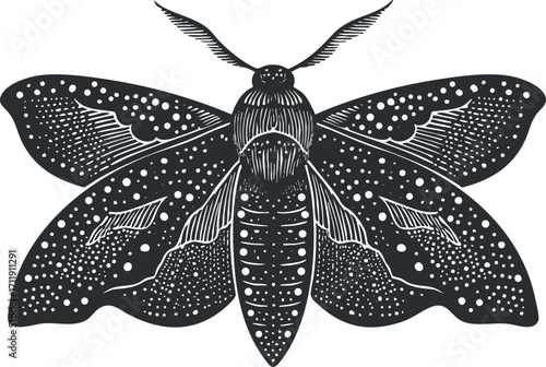 A detailed black and white illustration of a moth showcasing intricate patterns and designs.