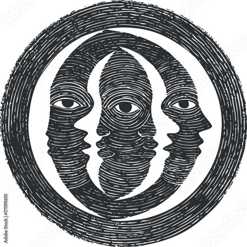 Stylized illustration of multiple faces in a circular pattern showcasing abstract human profiles.