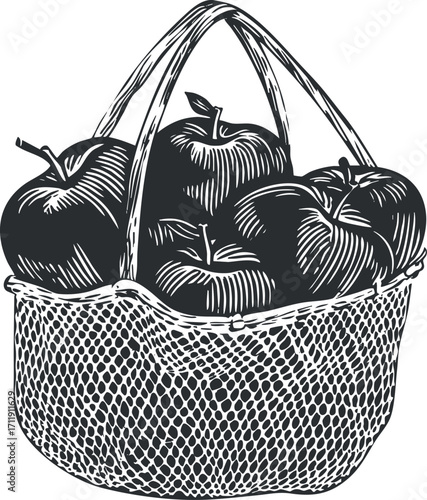 A vintage-style illustration of a basket filled with fresh apples, ideal for food-themed designs.