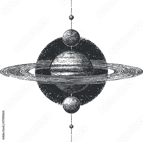 A vintage illustration of Saturn with rings and surrounding celestial bodies in space.