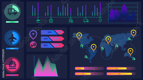 Vector illustration. Data overlays on world map visualize financial forecasting, AI-based capital flow, and transcontinental business dynamics. Concept of business, stock market, investment, economy.