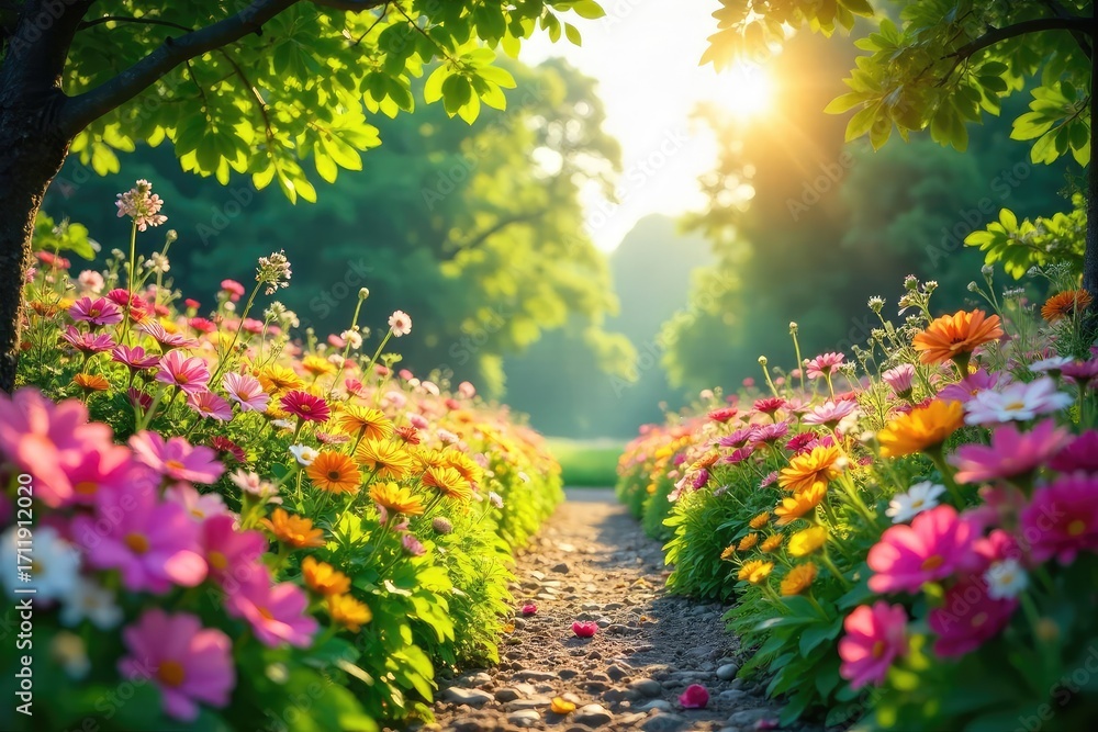 Obraz premium Vibrant summer scene bursting with colorful flowers, lush greenery, and bright sunshine Perfect for summer themes, travel, and nature projects , summer garden, leaves, bright sunshine