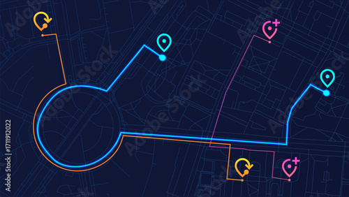 Vector illustration. Anchor icon and route lines display global investment direction within stock-based logistics and financial ecosystems. Concept of business, stock market, exchange, economy