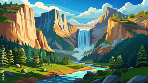 Yosemite Falls in California’s Yosemite National Park, tall cascading waterfall flowing down giant granite cliffs, surrounded by pine forests and clear blue sky, symbol of American wilderness