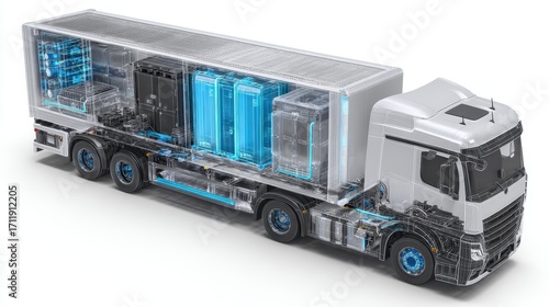 Cutaway 3D visualization of an electric heavy-duty truck with battery swapping, regenerative braking, and modular power units.