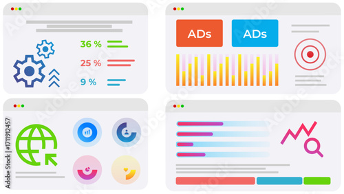 Vector illustration. Curved graphs and data tiles reflect how digital systems analyze user behavior and manage investment flows. Concept of business, stock market, investment, exchange