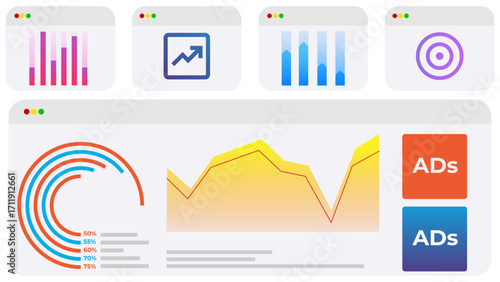 Vector illustration. Demographic icons, bars, and targeting symbols highlight how business segments audiences and adjusts strategy. Concept of business, stock market, investment.