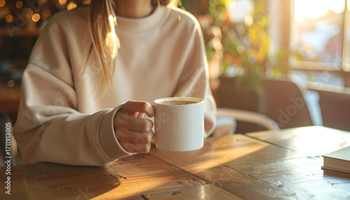 A person in a cozy sweatshirt holding a white coffee mug at a sunlit wooden table in a cafe, enjoying a warm beverage.