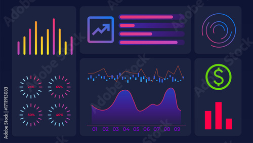 Vector illustration. Meters, sliders, and charts visualize how business measures risk, speed, and capital flow in data-driven world. Concept of business, stock market, exchange, economy, capital.