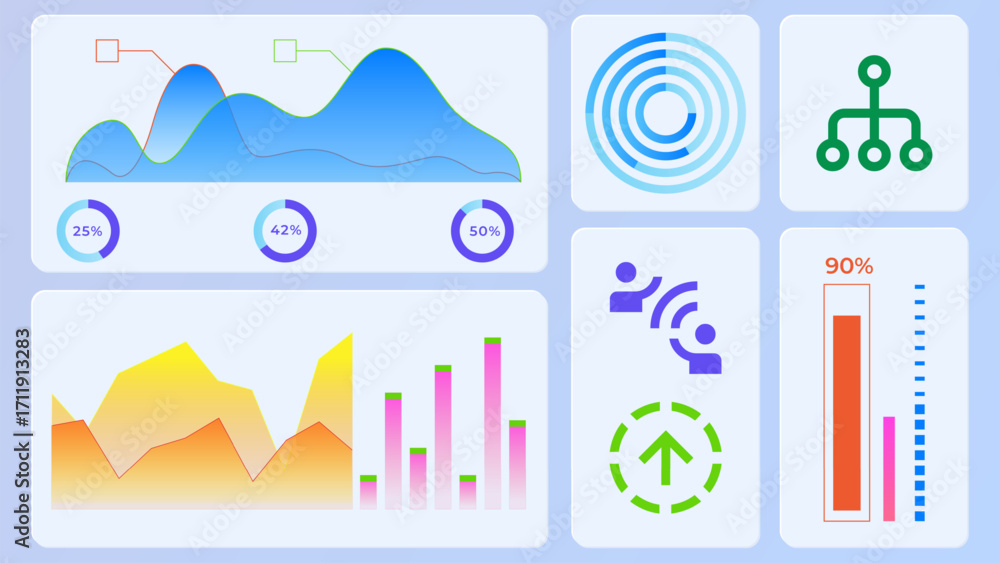 Naklejka premium Vector illustration. Structured graphics with layered processes show how capital flows through planned systems in business and economy. Concept of business, stock market, exchange, economy, capital.