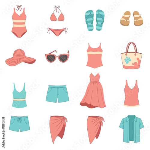 Collection of Summer Beachwear and Accessories for Vacation.