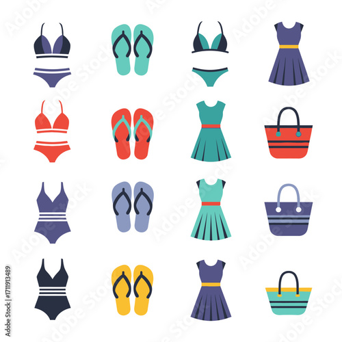 Collection of Summer Essentials - Swimsuits, Dresses, Flip-Flops, and Beach Bags.
