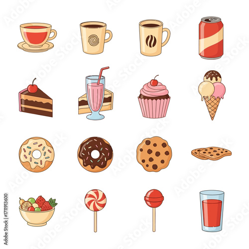 Collection of Sweet Treats and Beverages - Coffee, Cake, Donuts, and More.