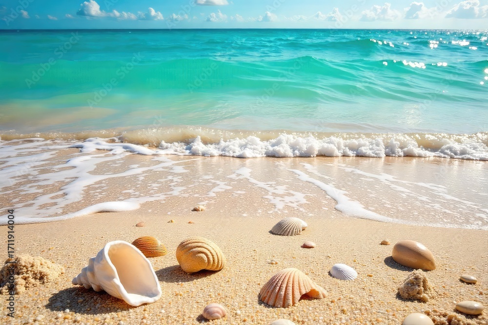 Obraz premium A sun-drenched beach scene with seashells scattered on the sand, gentle waves lapping the shore, and vibrant summer colors Perfect for travel, vacation, or summer themes , tropical, serene