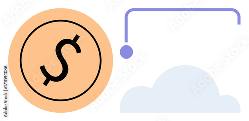 Dollar coin connected to a cloud via a line and dot, representing financial technology, cloud storage, online transaction, digital economy, fintech, data sharing, market analysis. Simple flat