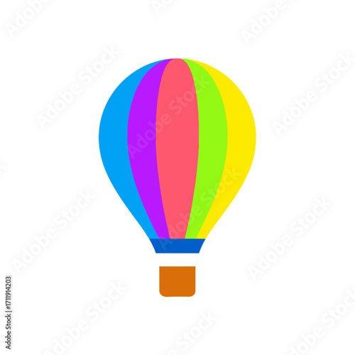 Colorful Hot Air Balloon Illustration with Rainbow Stripes on White Background.