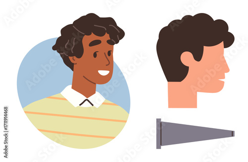 Smiling person in striped shirt, side profile view, and a cone shape nearby. Ideal for character design, diversity, identity, facial recognition, self-expression education storytelling. Simple flat