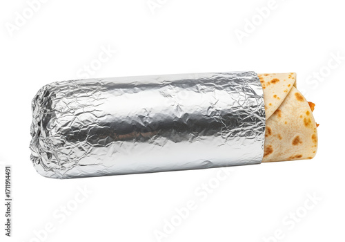 A delicious burrito wrapped in foil with a tortilla shell, placed on a clean white surface