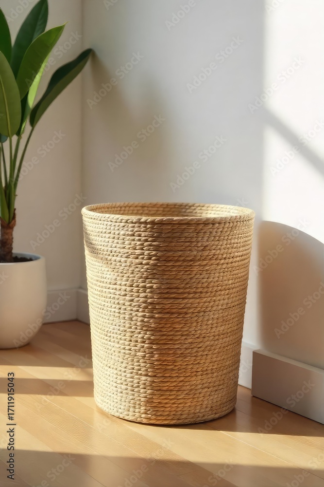 Fototapeta premium A modern, sleek wastebasket container made of woven seagrass, sits on a polished wooden floor Perfect for minimalist interiors, adding a touch of natural texture to any room , woven, minimalist