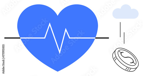 Blue heart with an electrocardiogram line, detailed coin, and cloud symbolizing health, technology, finance, and wellness. Ideal for healthcare, insurance, fintech savings innovation cloud