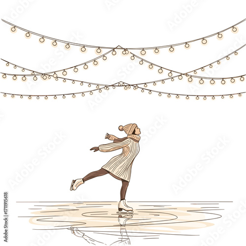 Girl figure skating under festive lights in winter illustration