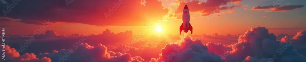 Fototapeta premium A soaring rocket ship against a vibrant sunset, symbolizing the achievement of a breakthrough and reaching new heights of success , sunset, climb