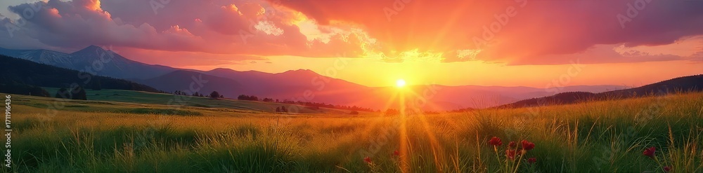Obraz premium A serene landscape at sunrise, symbolizing a fresh start and the clarity of a new beginning, signifying hope and potential for a fulfilling life , happiness, clarity, mountains