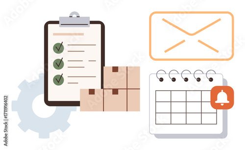 Clipboard with checklist, boxes, gear, envelope, and calendar marked with notification. Ideal for productivity, project planning, inventory, task scheduling communication delivery logistics
