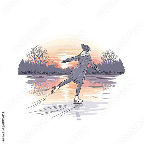 Woman ice skating on frozen lake at sunset winter illustration