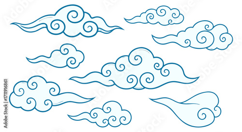 Collection of decorative oriental clouds with swirly patterns. Vector illustration of Japanese or Chinese style sky elements isolated on white