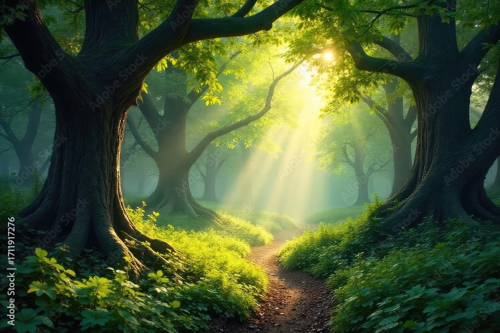Naklejka premium Sunlight dappled through ancient trees in a lush, vibrant forest The scene is peaceful and showcases the beauty of untouched nature, with a variety of flora and fauna visible , greenery, wild