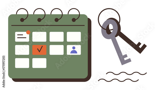 Organized calendar with highlighted date, keys symbolizing access and opportunities. Ideal for planning, productivity, deadlines, scheduling, goal-setting, appointments project management. Simple