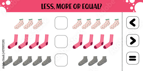 Preschool math worksheet with cherry, striped, and heart socks for comparing quantities using less than, greater than, or equal to symbols in a fun clothing-themed activity
