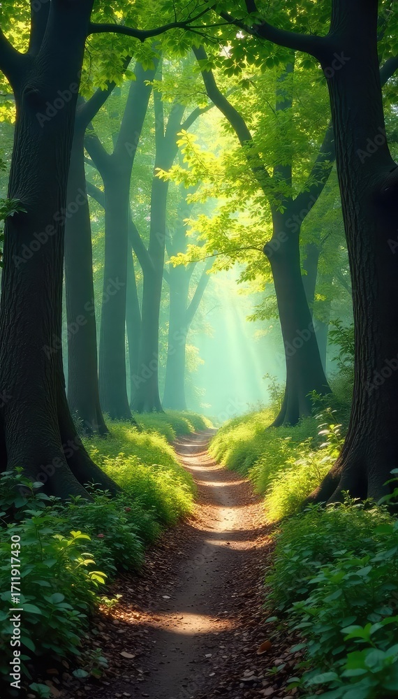 Naklejka premium Sun-dappled forest path winding through ancient trees, dappled light filtering through leaves, creating magical atmosphere Perfect for fantasy, fairytale, or nature themes , summer, shadow, fall