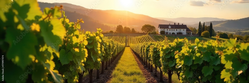 Fototapeta premium Sun-Drenched Vineyard Rows Ripe Grapes Leading to a Charming Winery Nestled in Rolling Hills. Perfect for Wine Harvest, Countryside, and Travel Themes.
