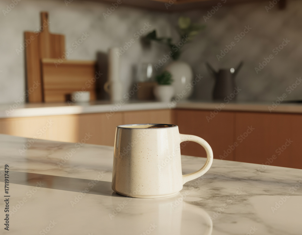 Fototapeta premium a clean minimalist shot of a white coffee mug on a kitchen counter in the morning light
