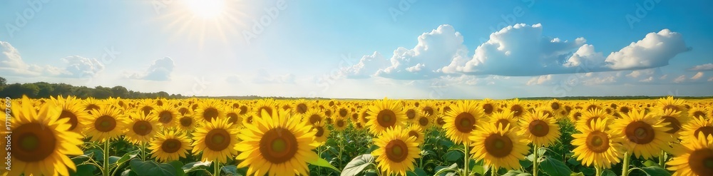 Fototapeta premium A vibrant field of sunflowers stretching towards a breathtaking blue sky, bathed in golden sunlight Perfect for summer, nature, and happiness themes , calm, landscape