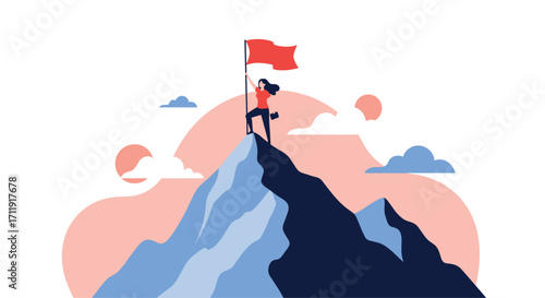 A woman stands on a mountain peak planting a flag representing achievement and success.